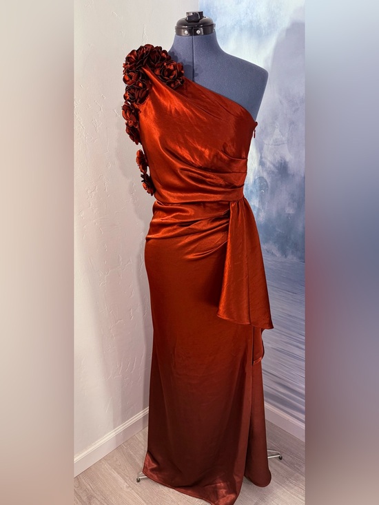 Fehaute Dresses & Skirts - One-Shoulder Burgundy Satin Evening Gown with Floral Shoulder Detail #411